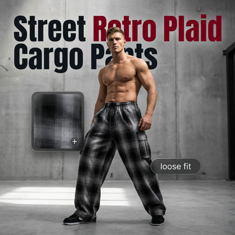 👖 LIMITED-TIME 50% OFF! ✨ Men's Retro Plaid Loose Fit Cargo Pants – Wide Leg, Cargo Pockets, Drawstring Waist 🌿