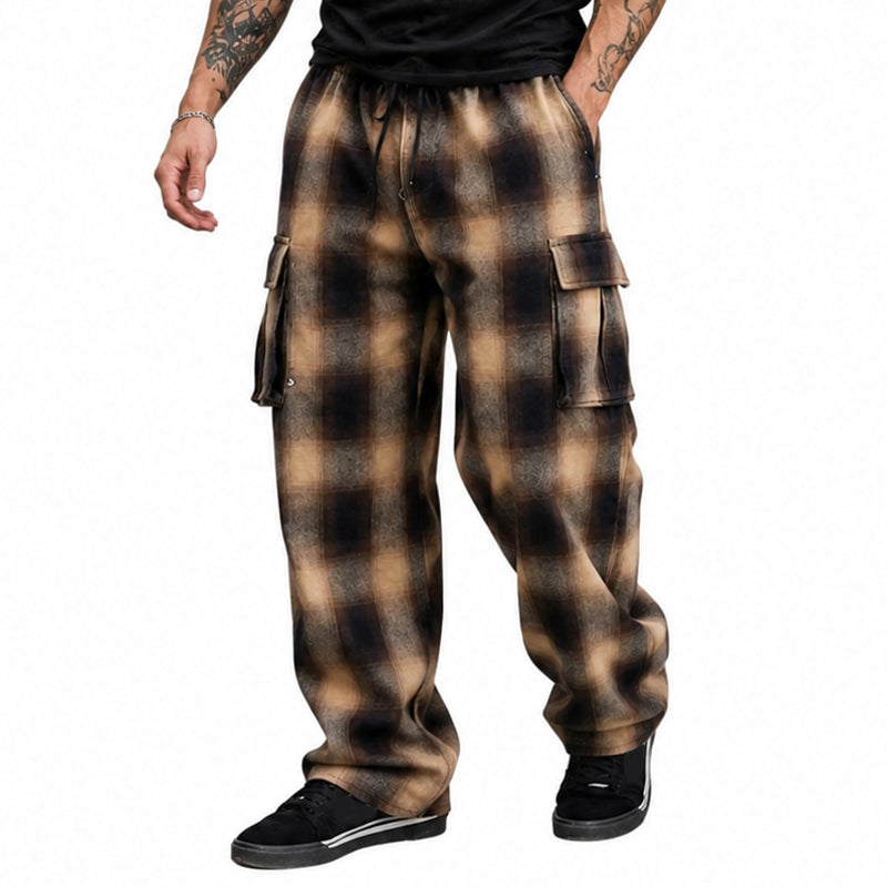 👖 LIMITED-TIME 50% OFF! ✨ Men's Retro Plaid Loose Fit Cargo Pants – Wide Leg, Cargo Pockets, Drawstring Waist 🌿