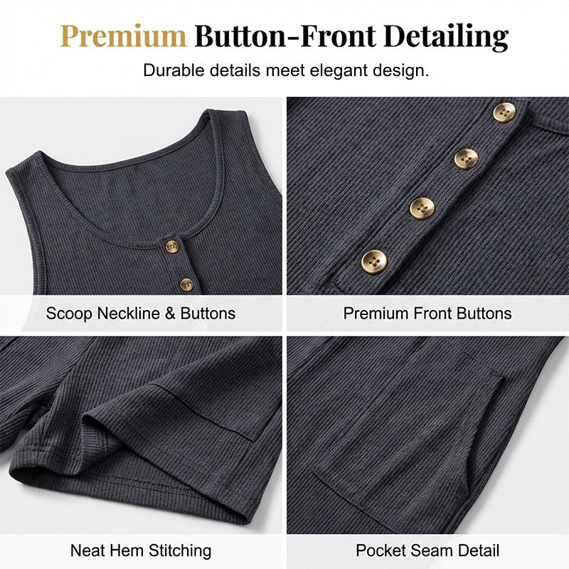 👗 LIMITED-TIME 50% OFF! ✨ Women's Sleeveless Button-Front Romper – Waffle Knit, Scoop Neck, Side Pockets 🌿