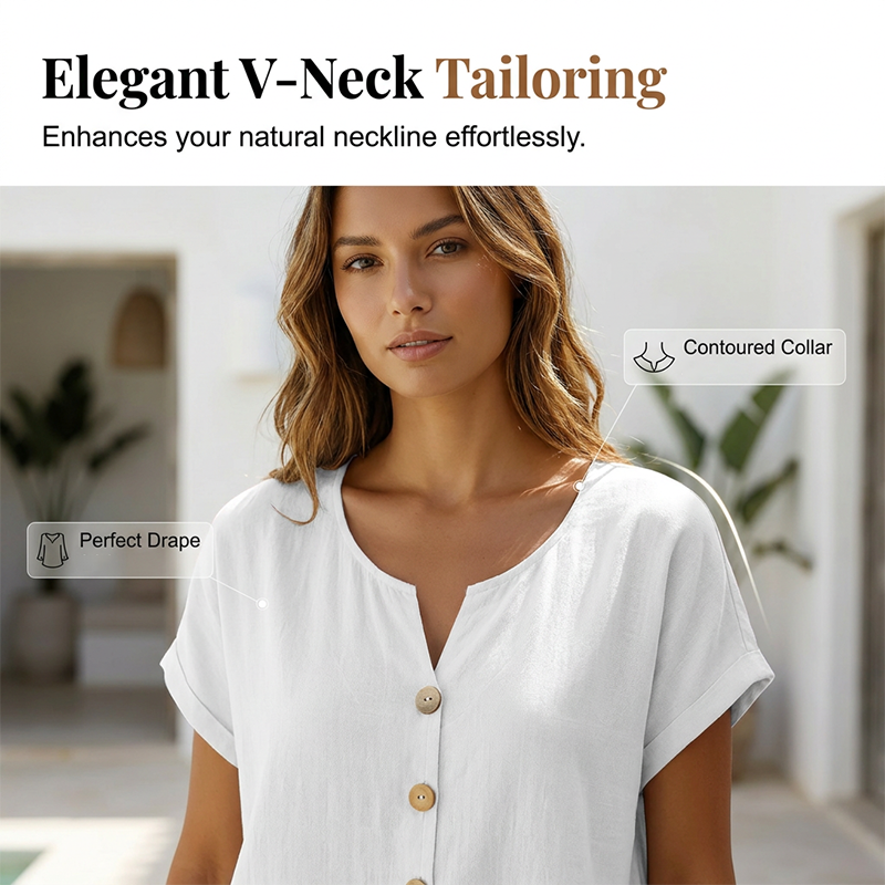 Camiseta informal de mujer con cuello en V y botones