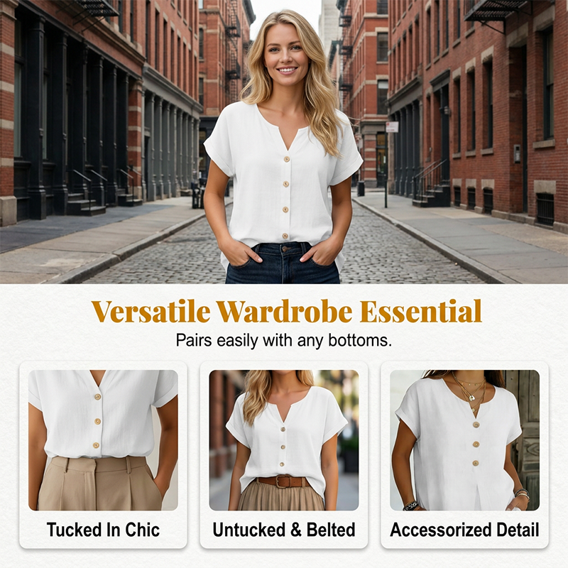 Camiseta informal de mujer con cuello en V y botones