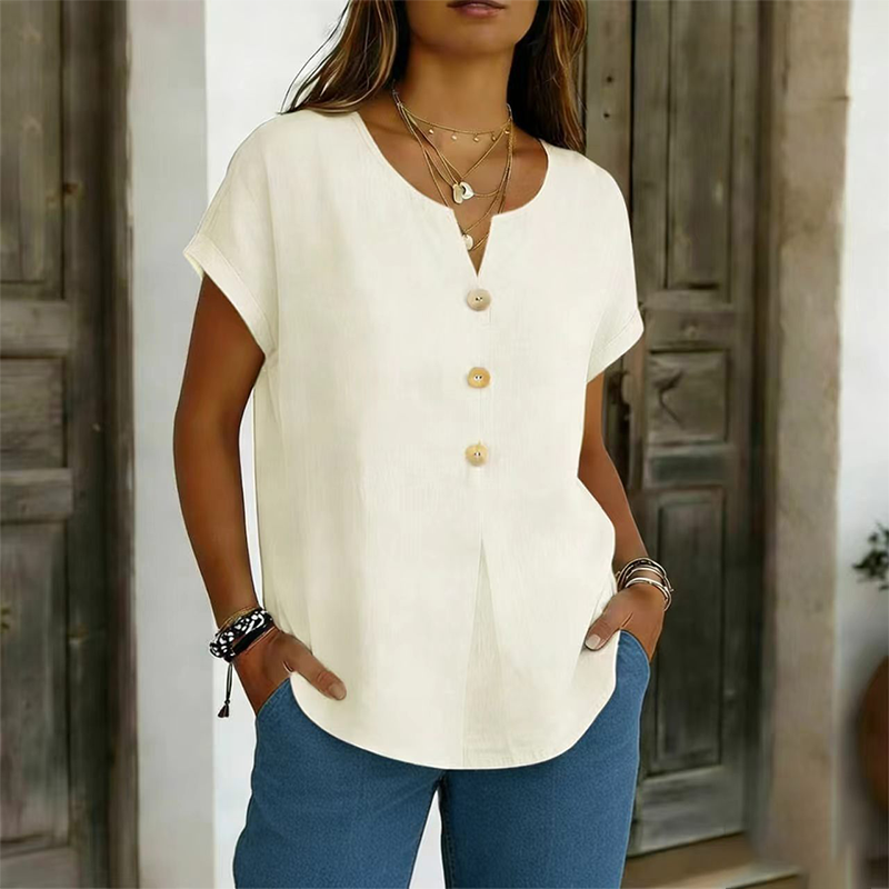 Camiseta informal de mujer con cuello en V y botones