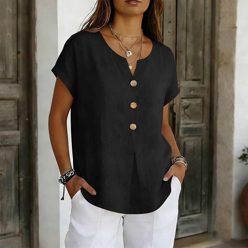 Camiseta informal de mujer con cuello en V y botones