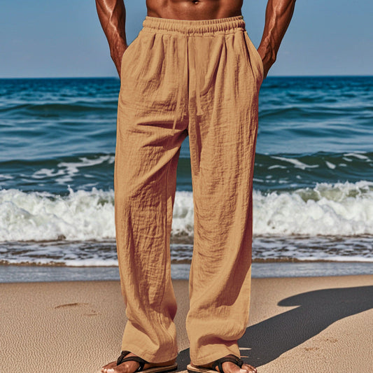 Pantalones de ajuste suelto de lino de moda para hombres con bolsillos