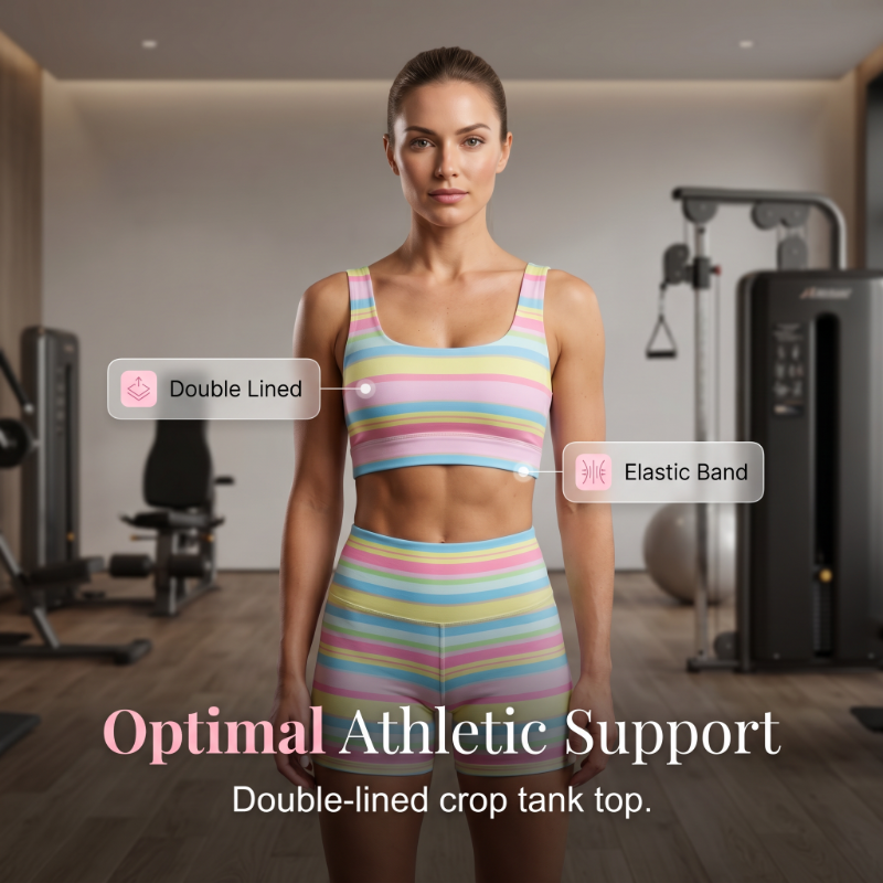 🌬️ Dam regnbågsrandigt tanktop & shorts-set – andningsbart, mjukt & perfekt för lata dagar & varma kvällar 🌅