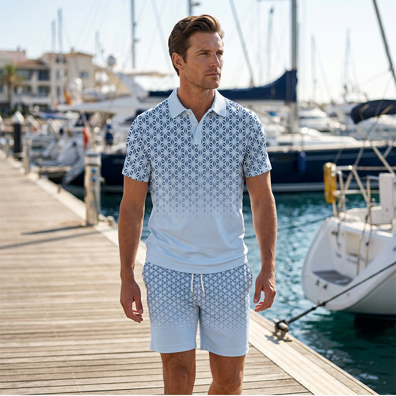 ⏳Oferta por Tiempo Limitado⏰Conjunto de Camisa con Cuello Estampado Geométrico y Shorts para Hombre – Diseño Moderno y Look Coordinado Transpirable 🔷