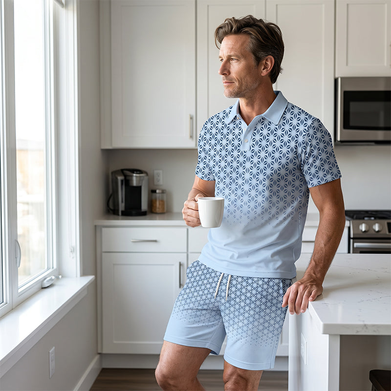 ⏳Oferta por Tiempo Limitado⏰Conjunto de Camisa con Cuello Estampado Geométrico y Shorts para Hombre – Diseño Moderno y Look Coordinado Transpirable 🔷