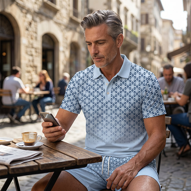 ⏳Oferta por Tiempo Limitado⏰Conjunto de Camisa con Cuello Estampado Geométrico y Shorts para Hombre – Diseño Moderno y Look Coordinado Transpirable 🔷