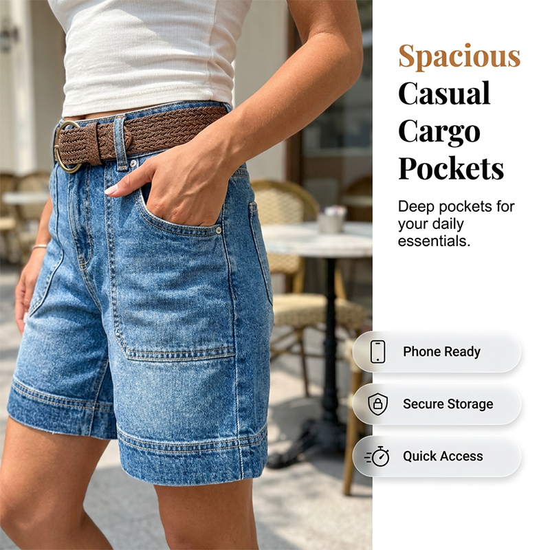 Shorts Bermuda de Mezclilla de Tiro Medio con Bolsillos para Mujer