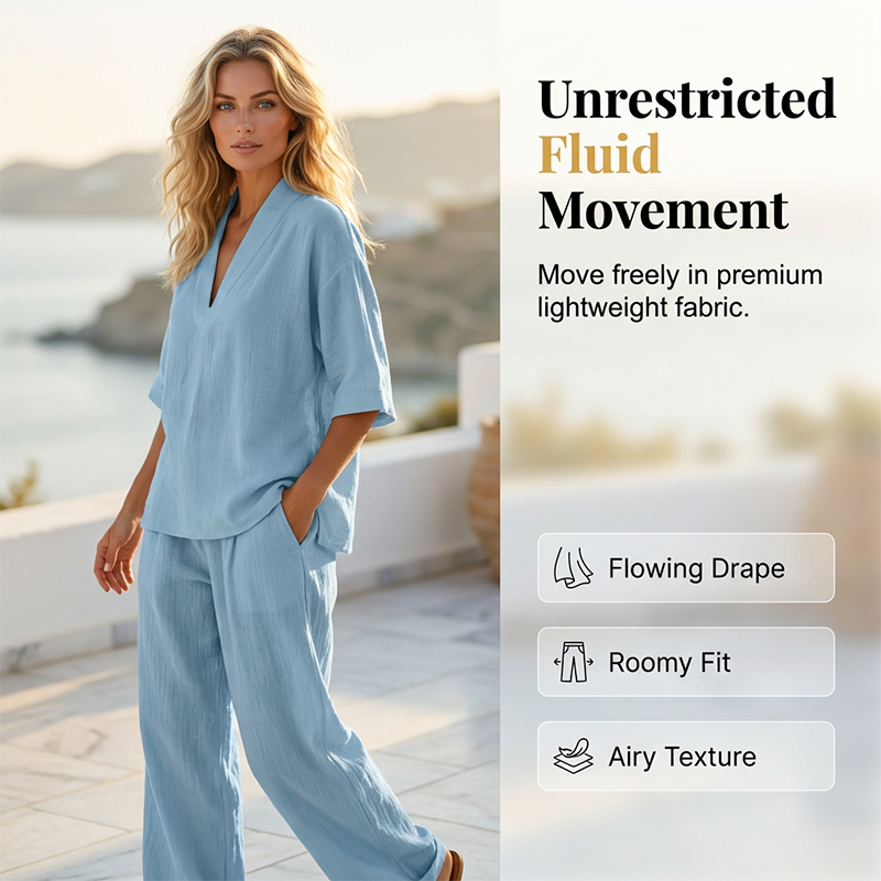 Conjunto de pantalones casuales con cuello en V y piernas anchas para mujeres