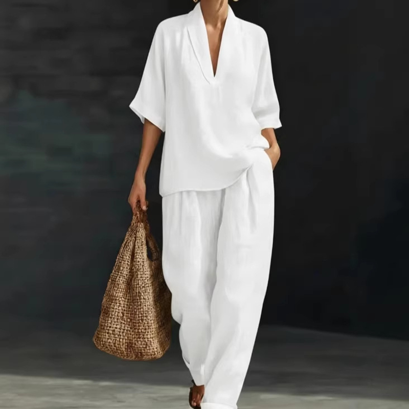 Conjunto de pantalones casuales con cuello en V y piernas anchas para mujeres