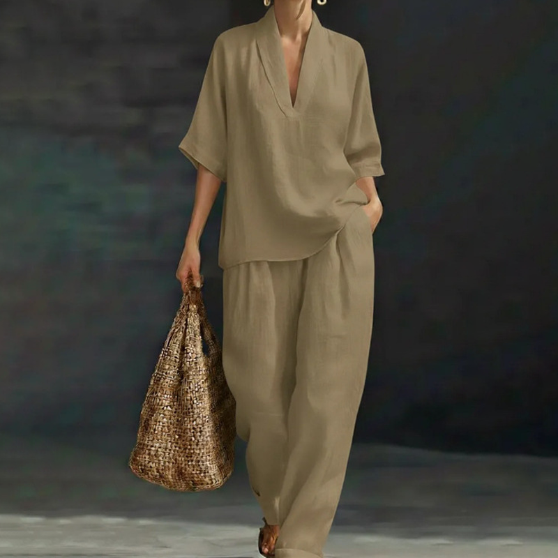 Conjunto de pantalones casuales con cuello en V y piernas anchas para mujeres