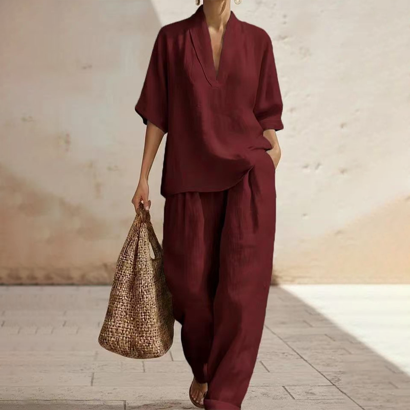 Conjunto de pantalones casuales con cuello en V y piernas anchas para mujeres