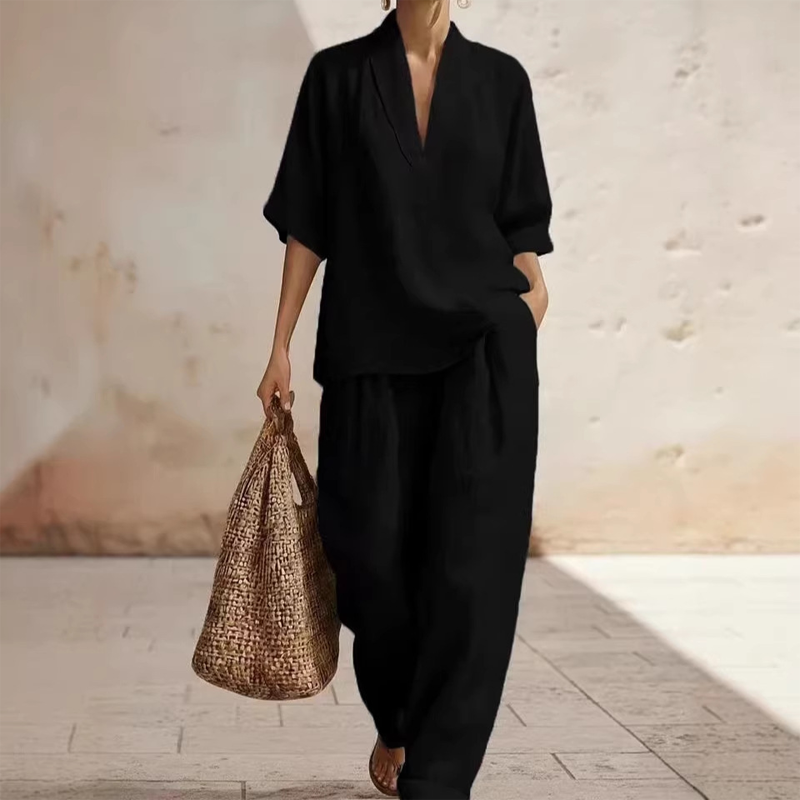 Conjunto de pantalones casuales con cuello en V y piernas anchas para mujeres