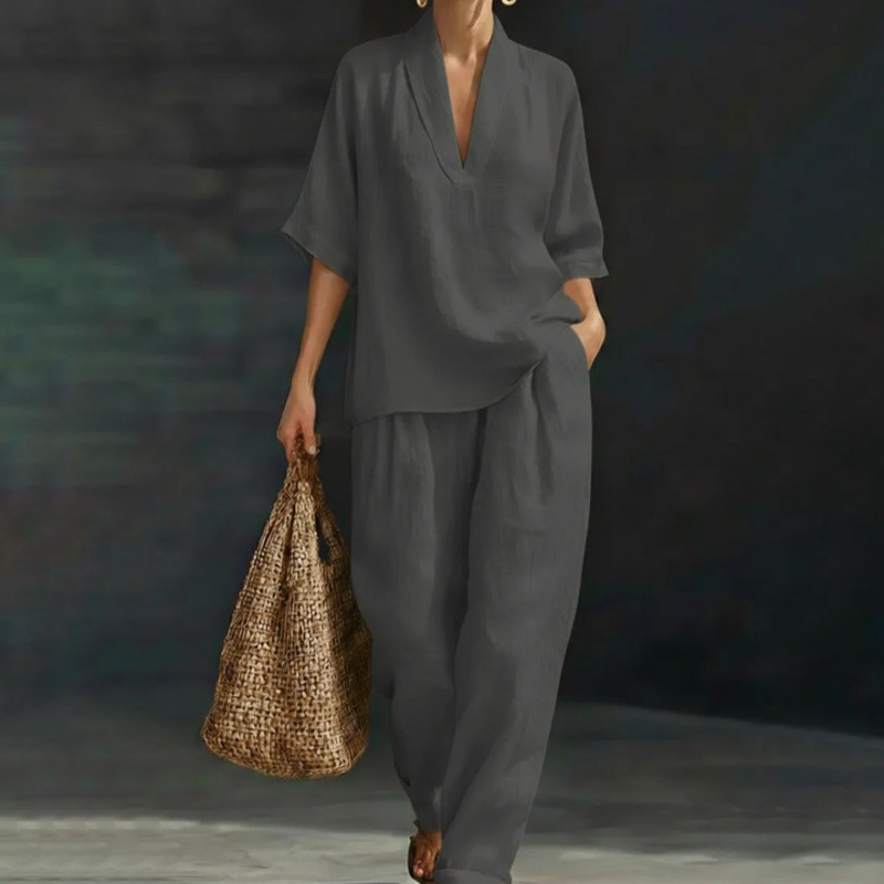Conjunto de pantalones casuales con cuello en V y piernas anchas para mujeres