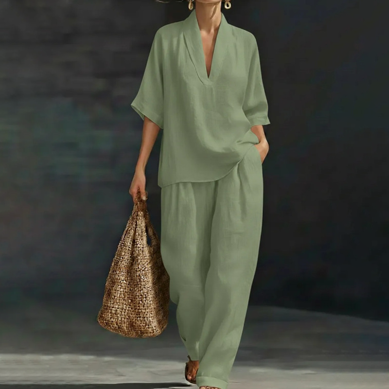 Conjunto de pantalones casuales con cuello en V y piernas anchas para mujeres