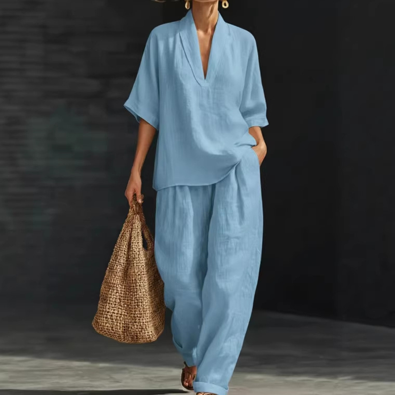 Conjunto de pantalones casuales con cuello en V y piernas anchas para mujeres