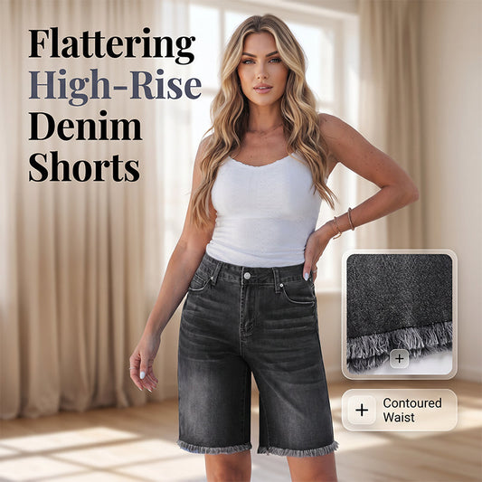 Shorts de Mezclilla con Flecos de Cintura Alta Casual para Mujer