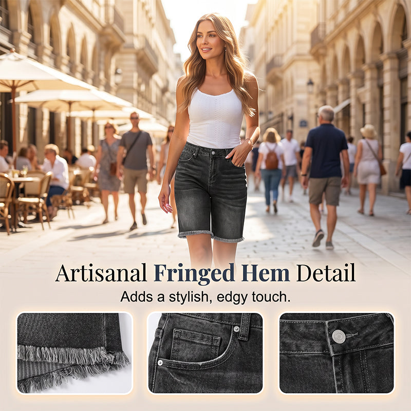 Shorts de Mezclilla con Flecos de Cintura Alta Casual para Mujer
