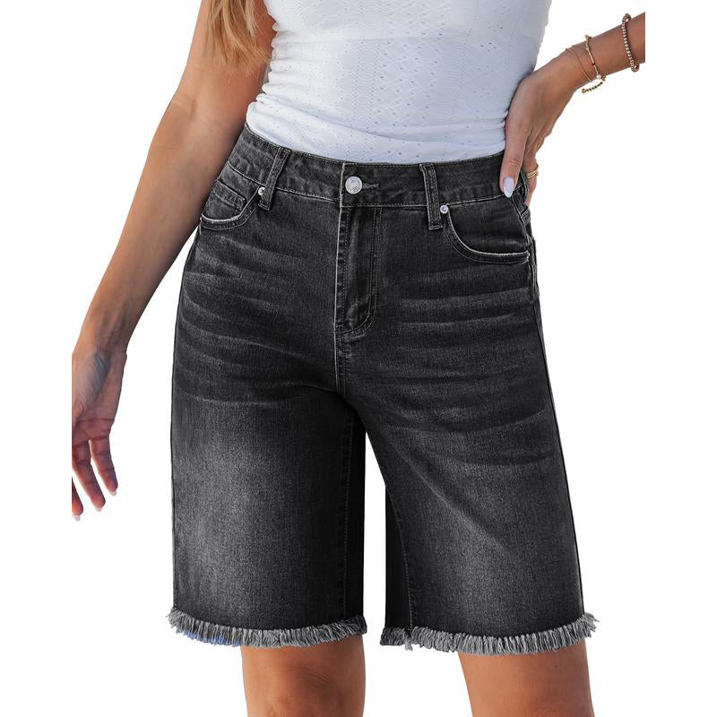Shorts de Mezclilla con Flecos de Cintura Alta Casual para Mujer