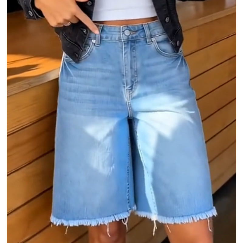 Shorts de Mezclilla con Flecos de Cintura Alta Casual para Mujer