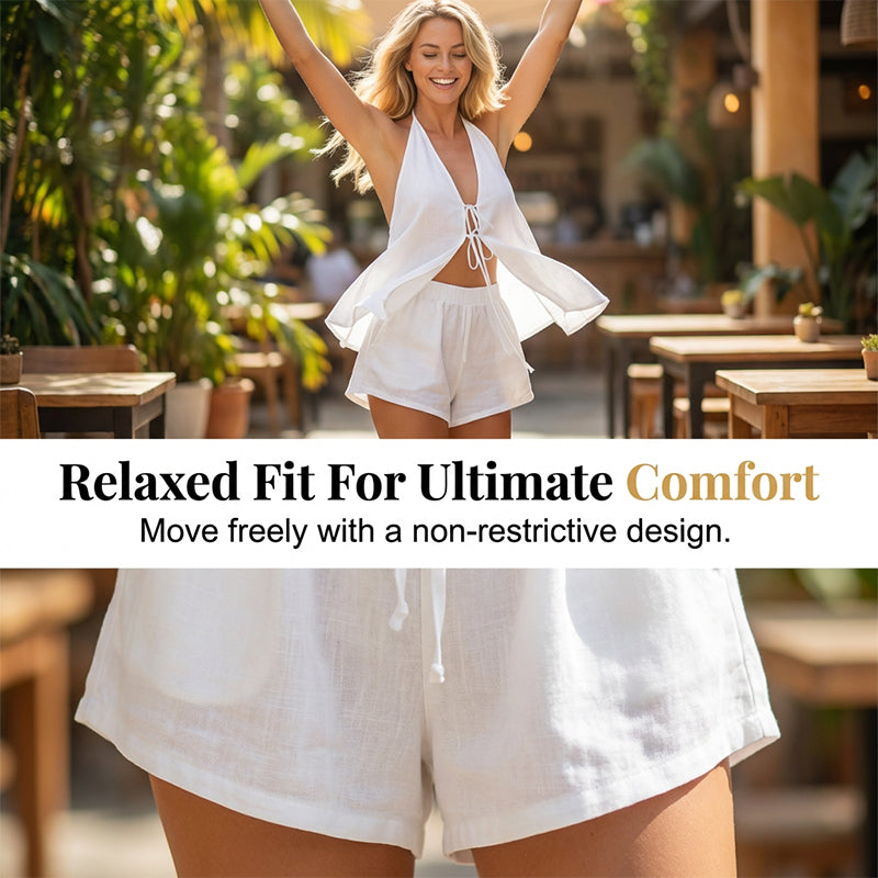 🎉 LIMITED TIME 50% OFF! ☀️ Sexy Backless Halter Top & Shorts Set – Adjustable Tie-Front & Premium Breathable Fabric 🥂