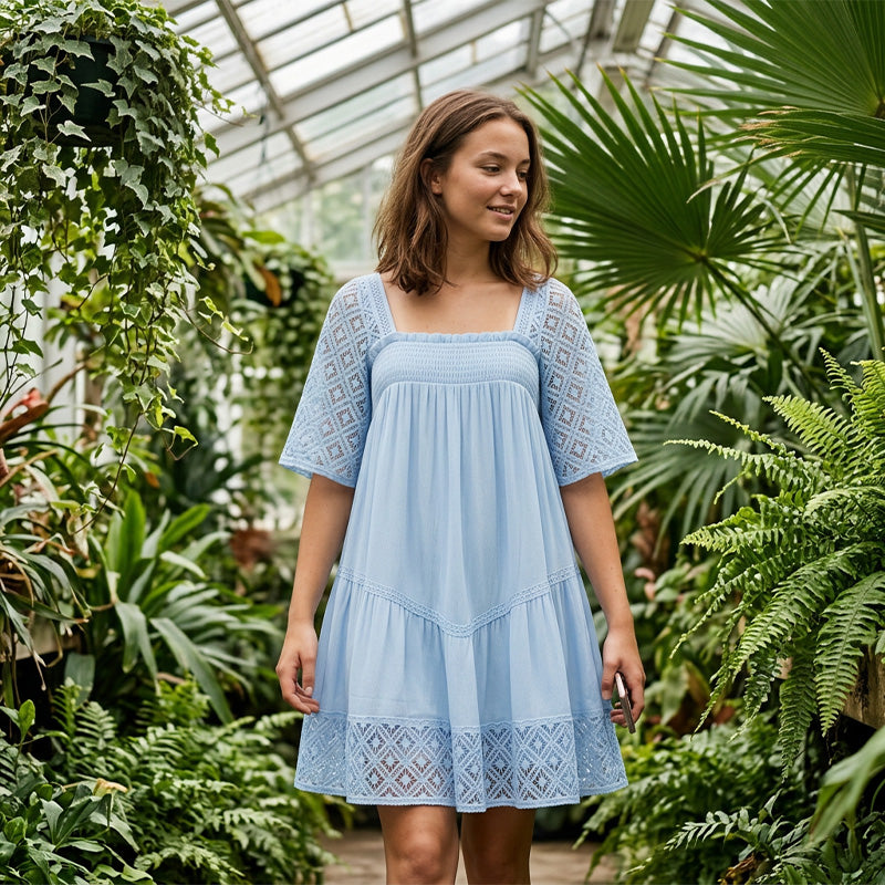 👗 ¡50 % DE DESCUENTO POR TIEMPO LIMITADO! 💥 Vestido de mujer con cuello cuadrado y fruncidos: ribetes de encaje, corpiño elástico y lazo en la espalda descubierta ✨