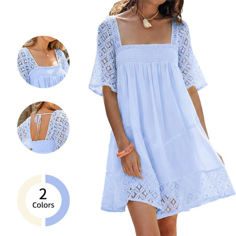 👗 ¡50 % DE DESCUENTO POR TIEMPO LIMITADO! 💥 Vestido de mujer con cuello cuadrado y fruncidos: ribetes de encaje, corpiño elástico y lazo en la espalda descubierta ✨