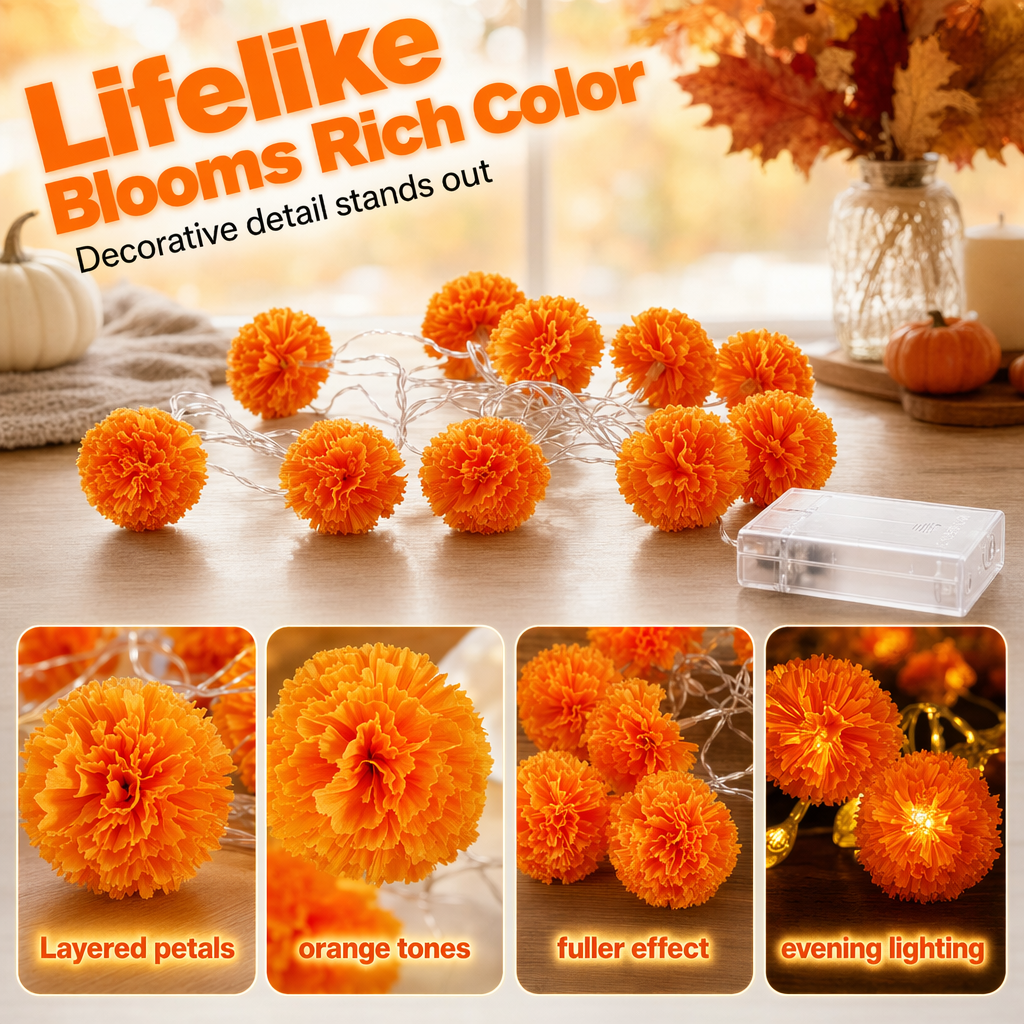 🎃🌼 Guirnalda Luminosa de Caléndula – Brillo Naranja Festivo para un Halloween Acogedor y Espeluznante ✨🕸️