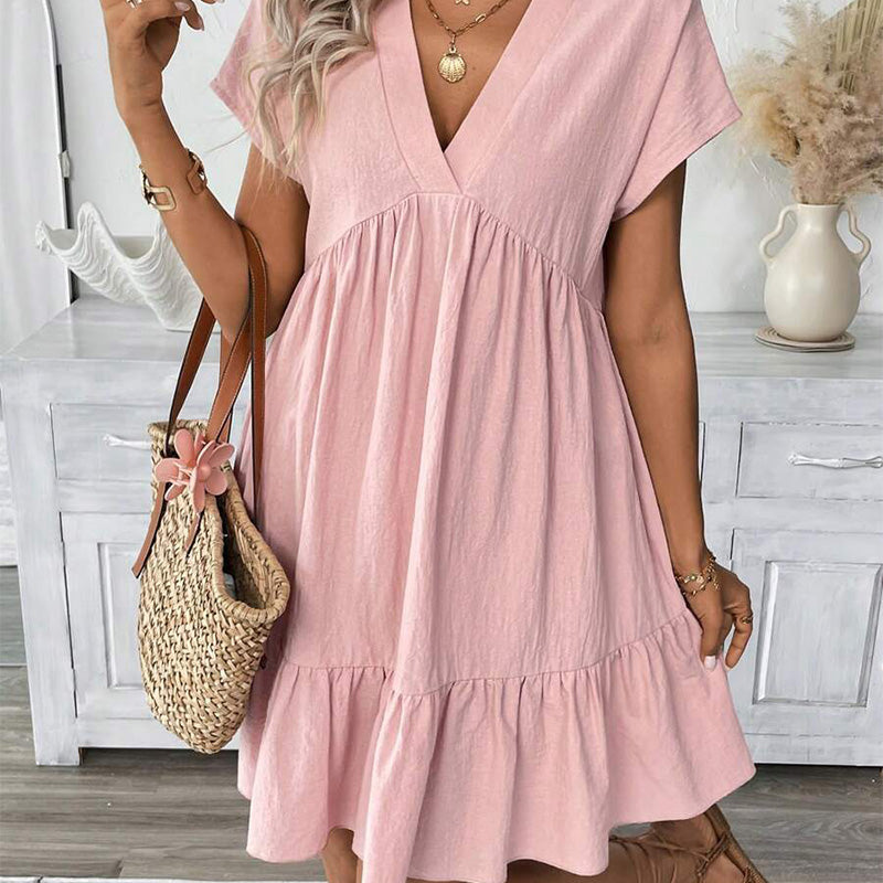 Vestido Casual Holgado con Escote en V y Dobladillo con Volantes