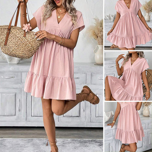 Vestido Casual Holgado con Escote en V y Dobladillo con Volantes