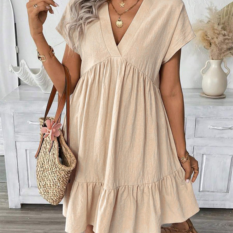 Vestido Casual Holgado con Escote en V y Dobladillo con Volantes