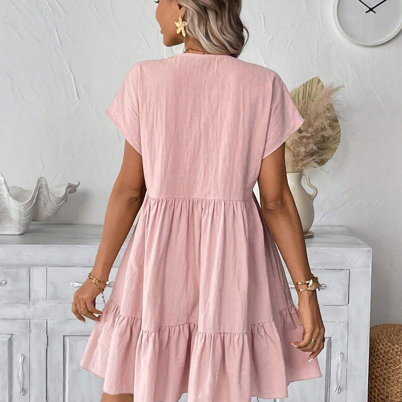 Vestido Casual Holgado con Escote en V y Dobladillo con Volantes