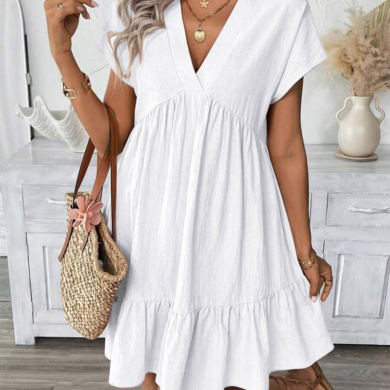 Vestido Casual Holgado con Escote en V y Dobladillo con Volantes