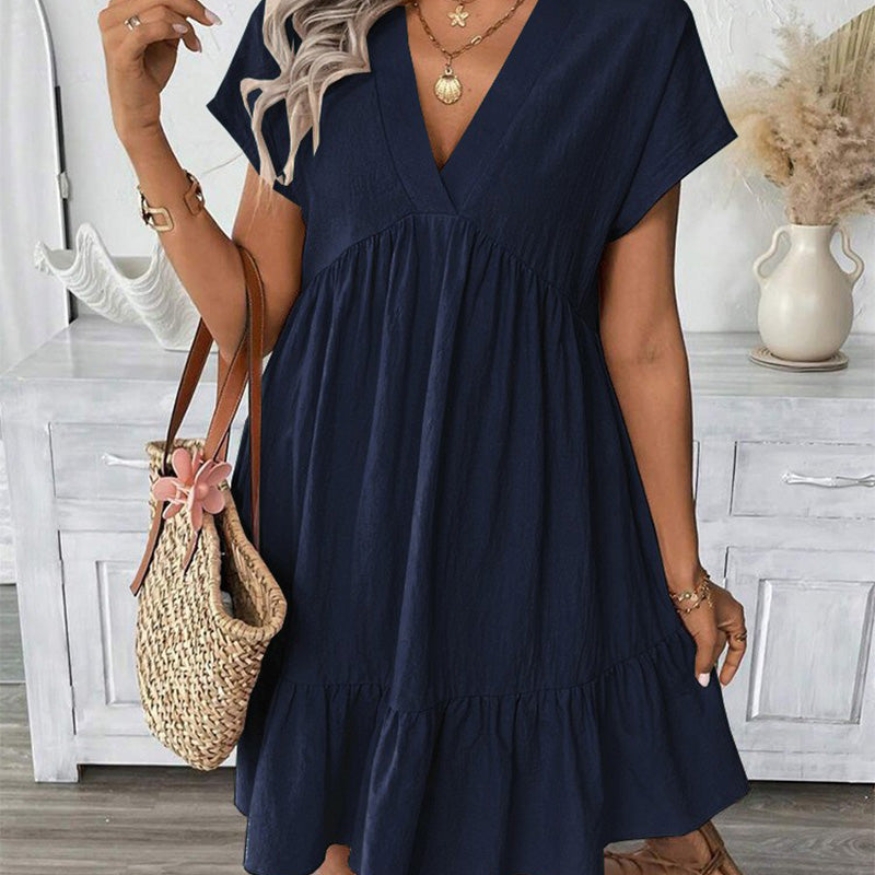 Vestido Casual Holgado con Escote en V y Dobladillo con Volantes