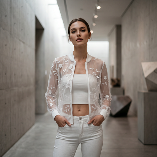 Chaqueta de Malla Transparente con Bordado Floral para Mujer