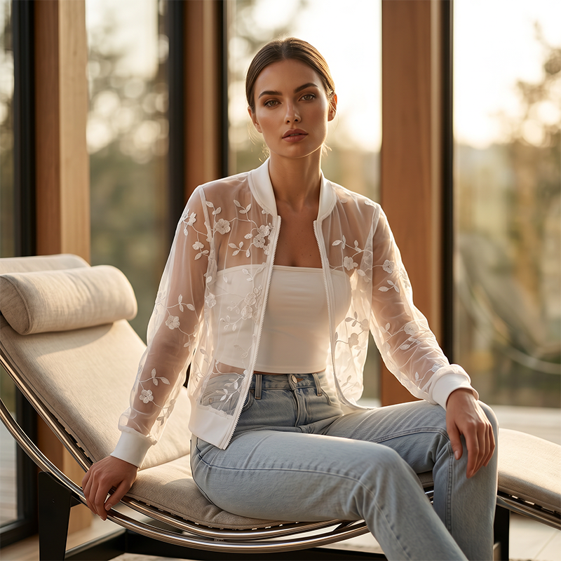 Chaqueta de Malla Transparente con Bordado Floral para Mujer