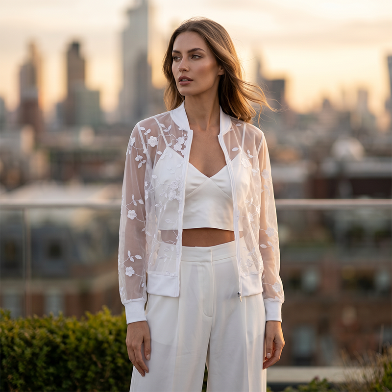 Chaqueta de Malla Transparente con Bordado Floral para Mujer