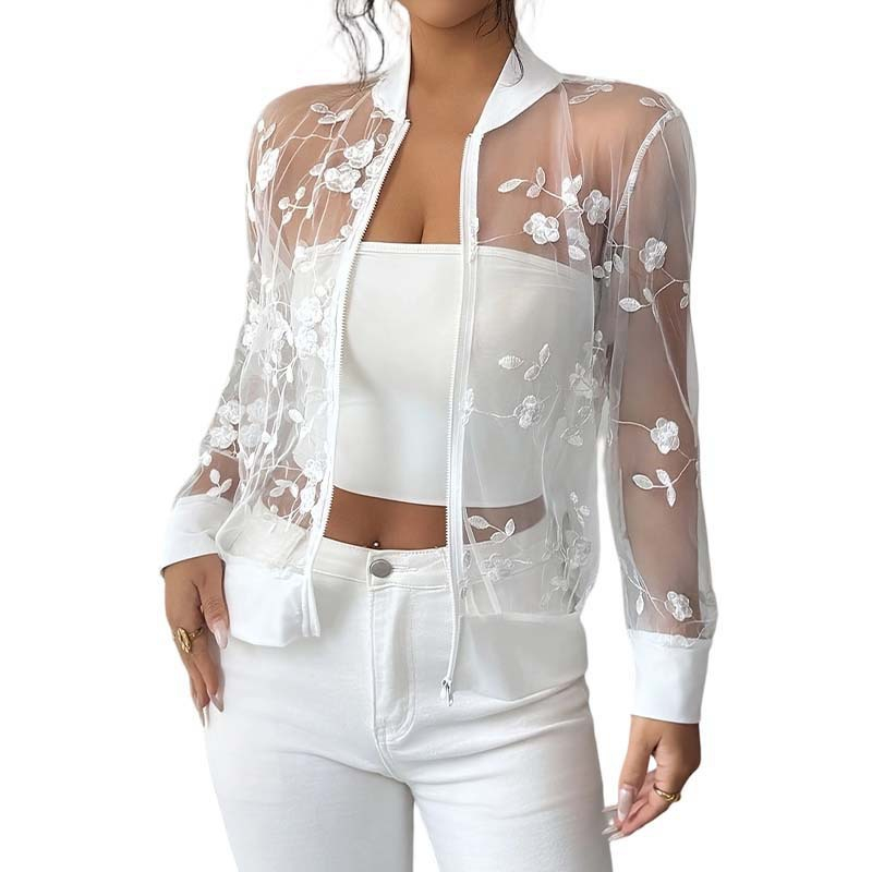 Chaqueta de Malla Transparente con Bordado Floral para Mujer