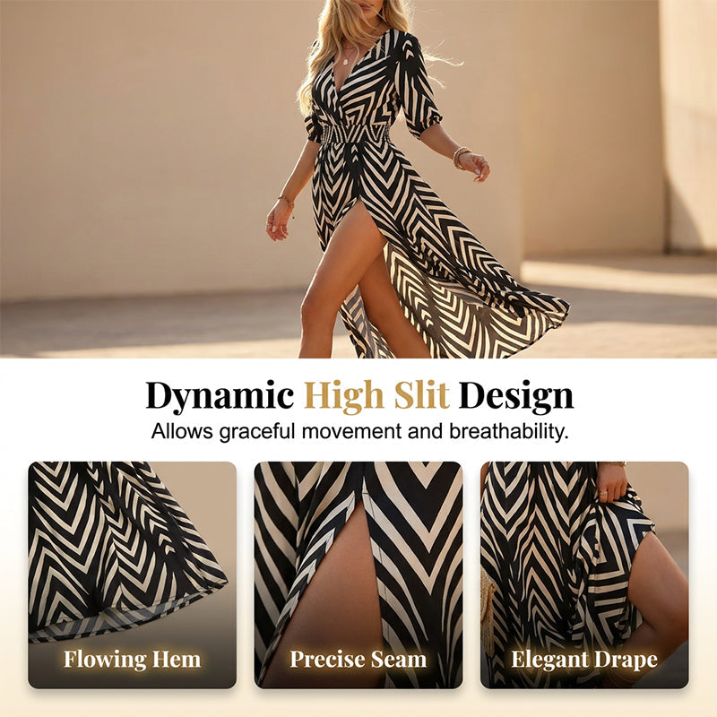 🌺 2026 Sale — Over 46,000 Sold!✨ Chevron Print V-Neck Midi Dress
