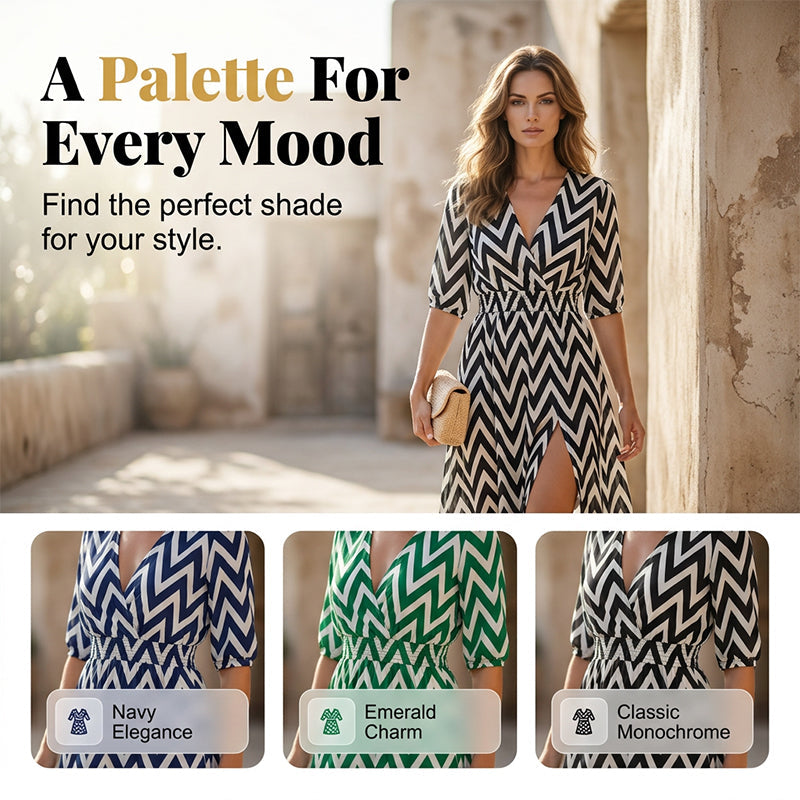 🌺 2026 Sale — Over 46,000 Sold!✨ Chevron Print V-Neck Midi Dress