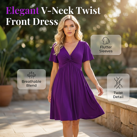 👗 ¡50% DE DESCUENTO AHORA! 🌸 Elegante vestido con escote en V y detalle retorcido en la parte delantera, con bolsillos. Cintura fruncida favorecedora, transpirable y fluido. Perfecto para el trabajo, bodas o citas. Elegante y funcional. 💃