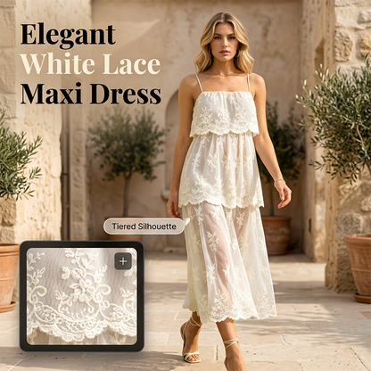 Women Elegant White Lace Spaghetti Strap Maxi Dress