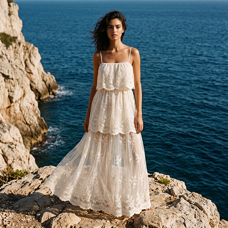 Women Elegant White Lace Spaghetti Strap Maxi Dress