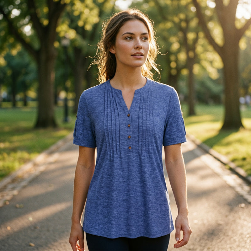 Blusa Plisada Casual con Cuello en V para Mujer