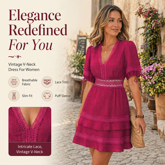 Vestido de Encaje con Escote en V y Volantes Escalonados para Mujer