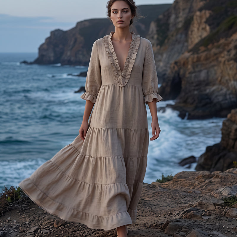 Vestido Maxi Escalonado con Cuello en V y Volantes para Mujer