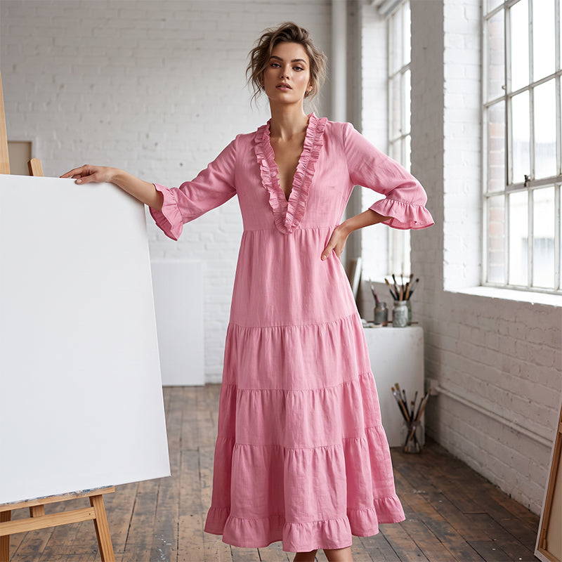 Vestido Maxi Escalonado con Cuello en V y Volantes para Mujer