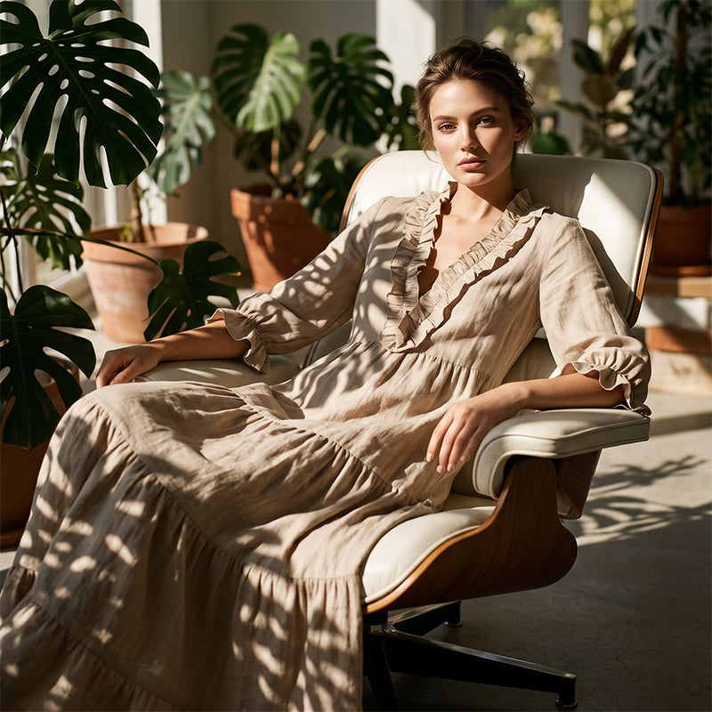 Vestido Maxi Escalonado con Cuello en V y Volantes para Mujer