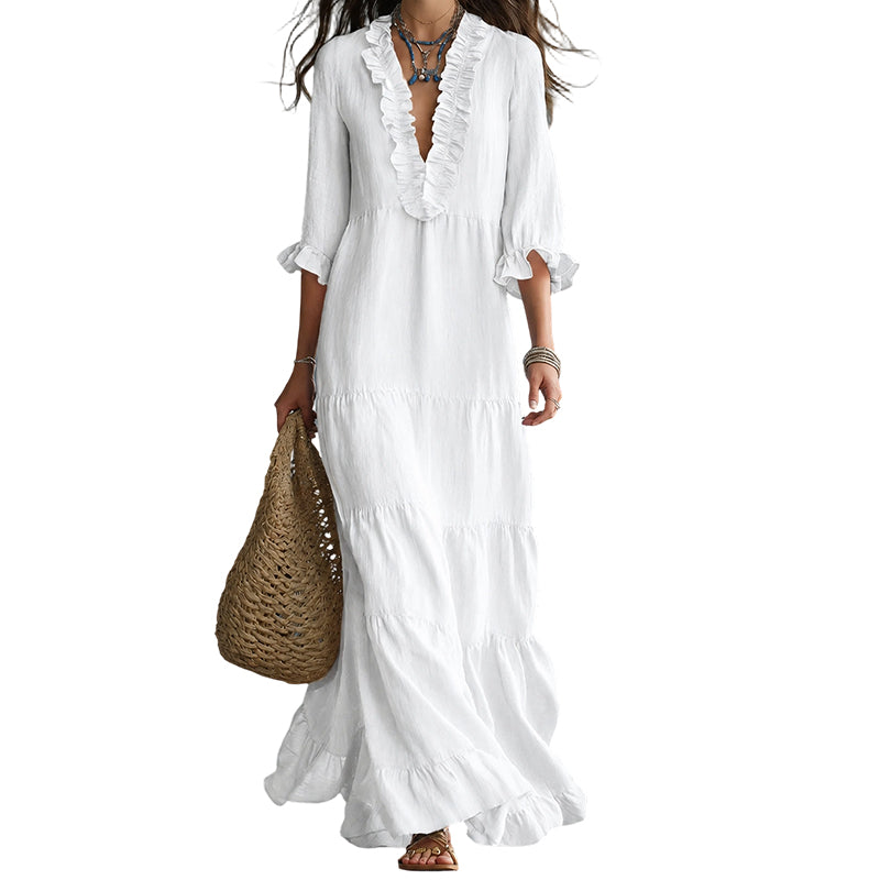 Vestido Maxi Escalonado con Cuello en V y Volantes para Mujer